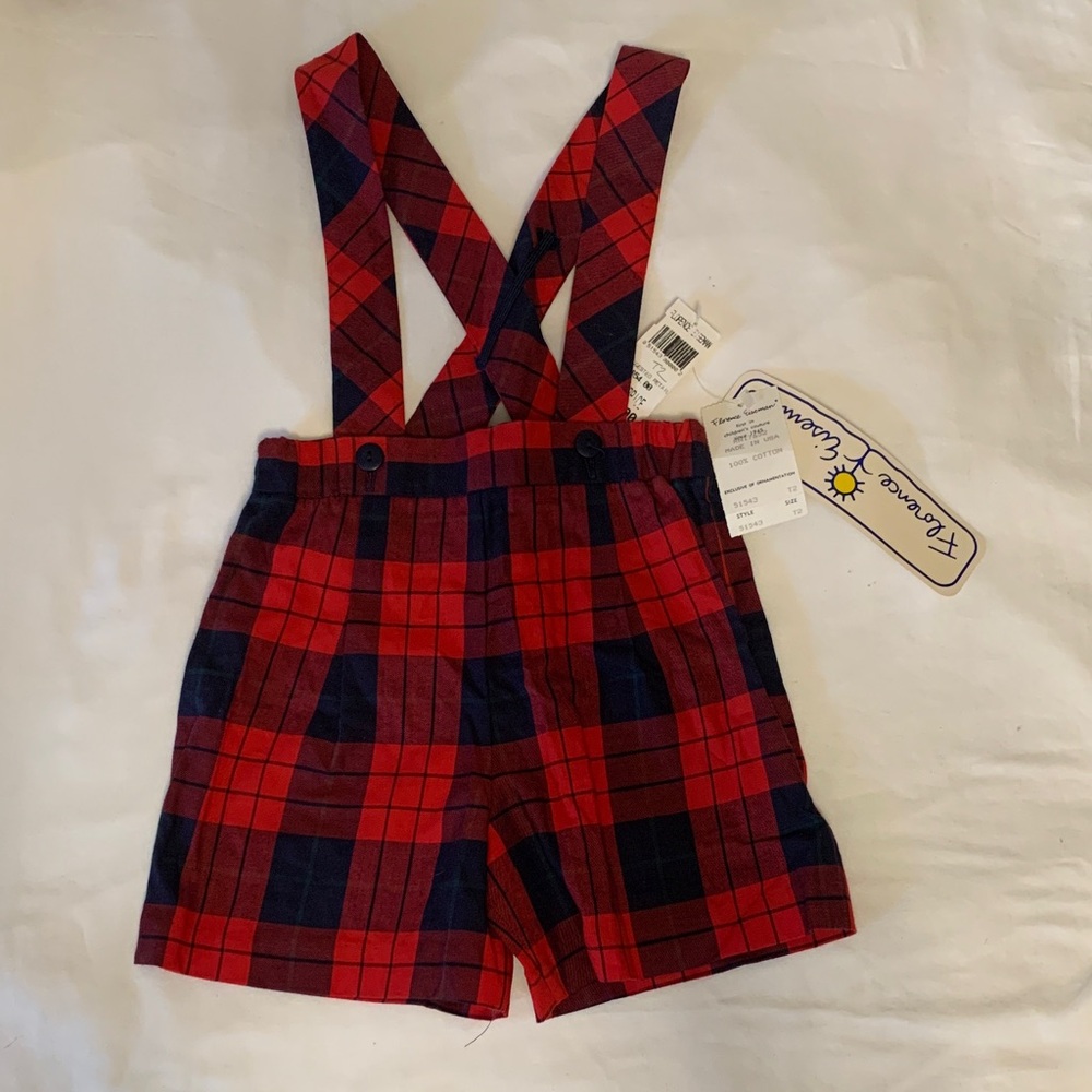 VTG 2T NWT Cotton Florence Eiseman Red & Navy Plaid Suspender Shorts- Unisex